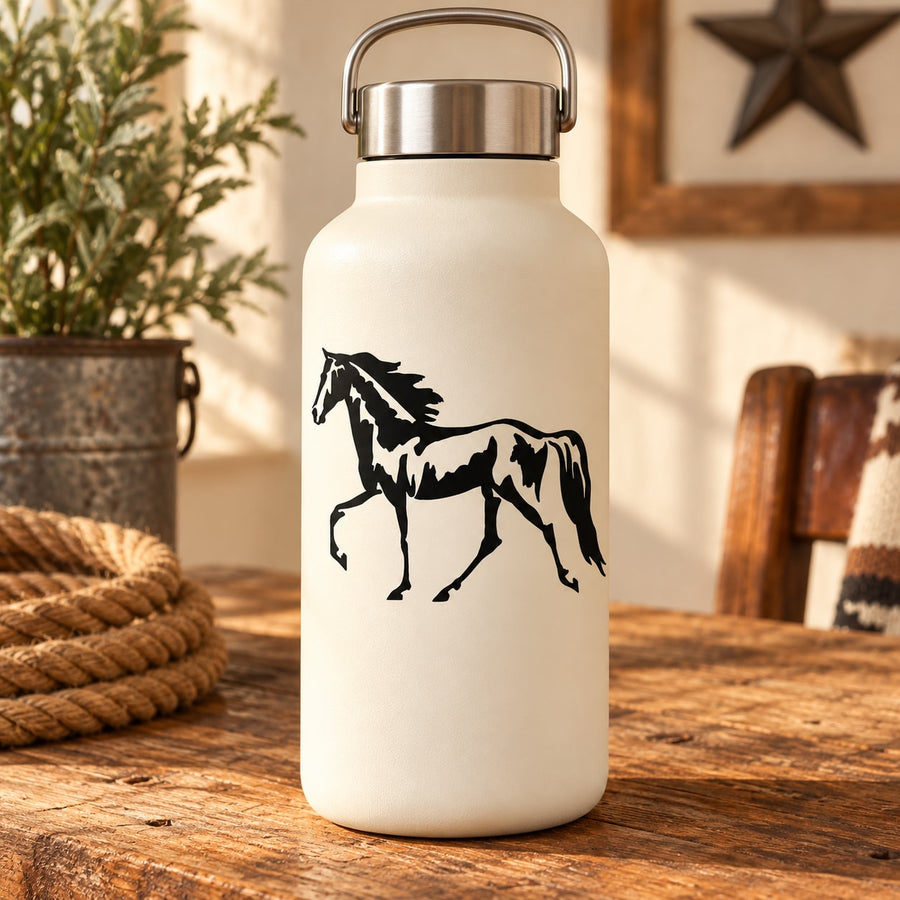 Walking mustang decal on white bottle, black horse silhouette centered on front.