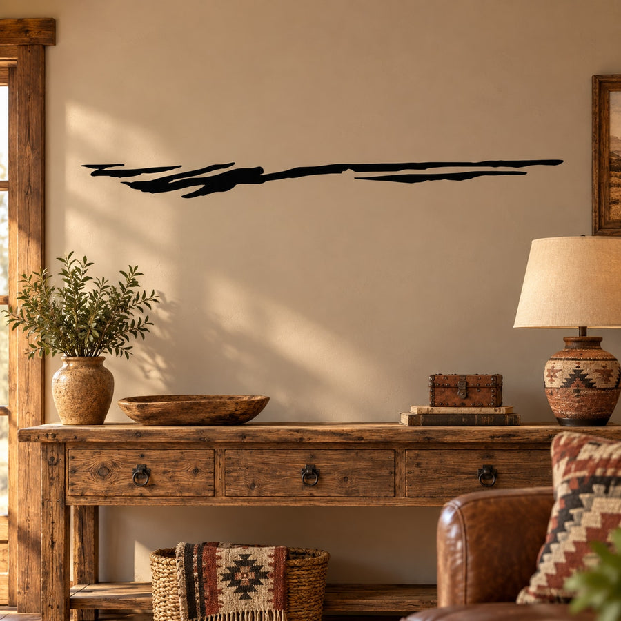 Abstract black wind graphic wall decal, long horizontal brushstroke design