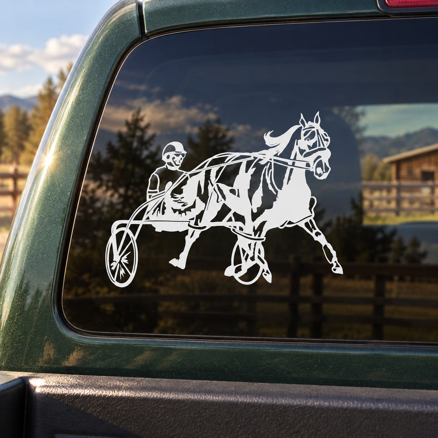 Horse carriage racing decal, white outline silhouette on dark vehicle window