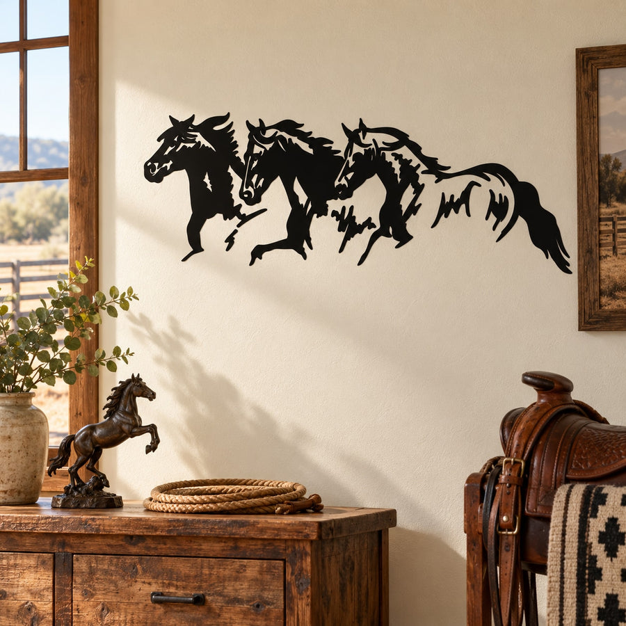 Three galloping horse wall decal in black silhouette
