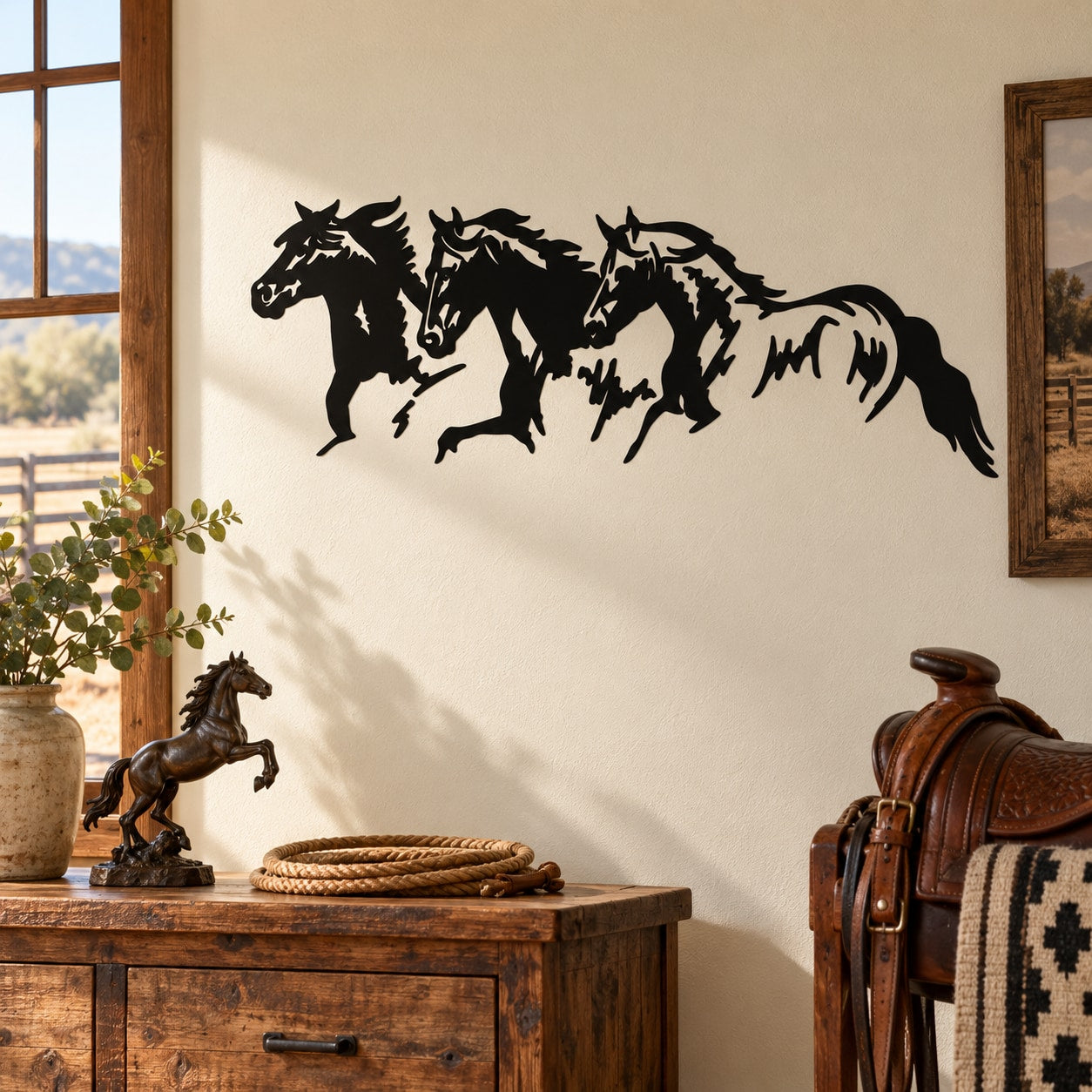 Three galloping horse wall decal in black silhouette