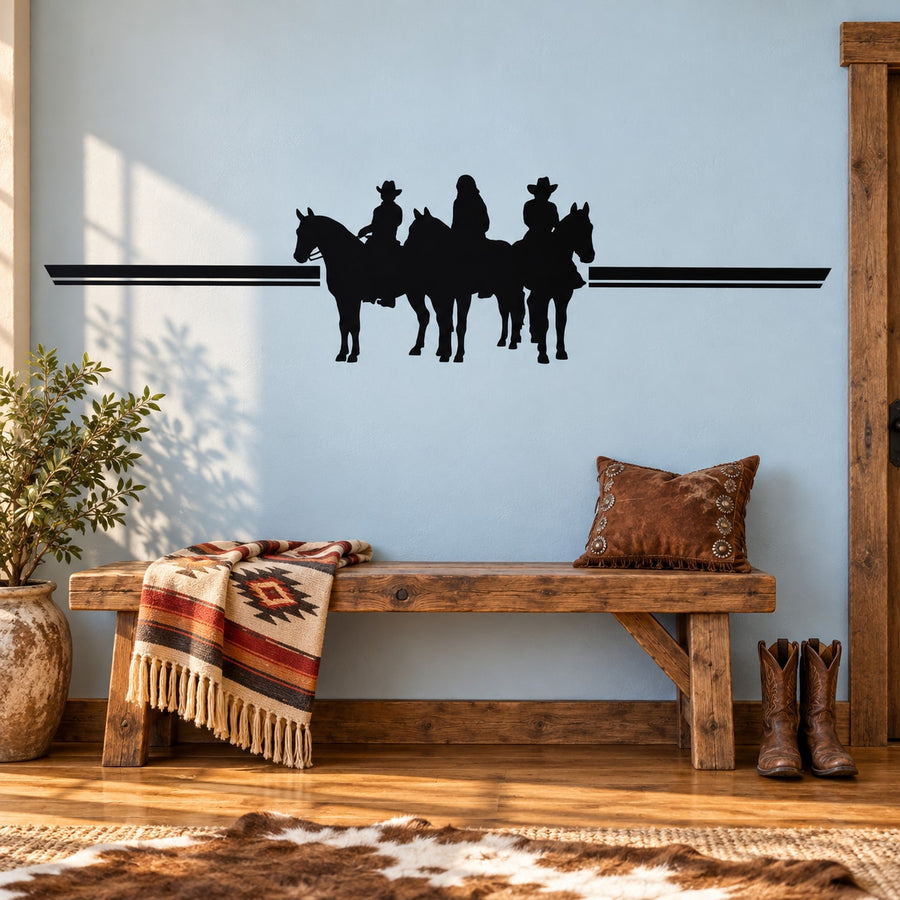 Horse rider silhouette wall decal with three riders and horizon line