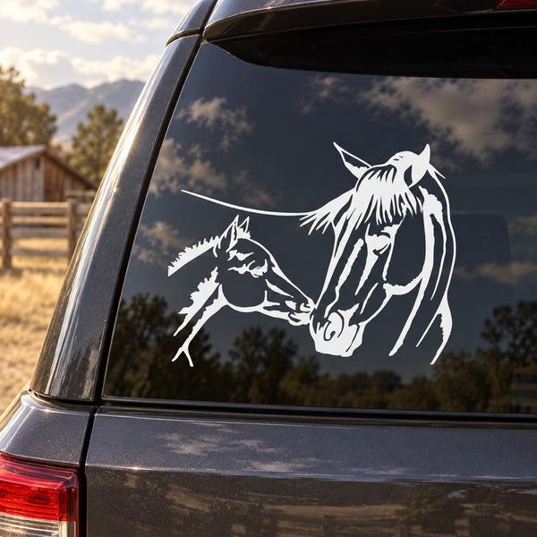 Horse and foal kiss vinyl decal with white line-art horses
