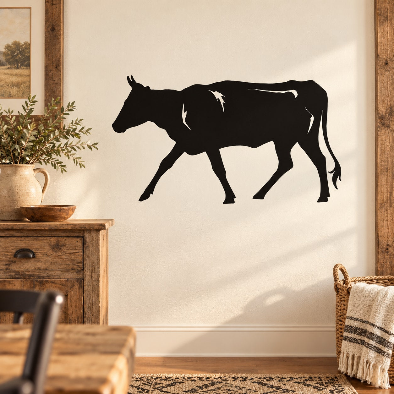 Trotting cow decal sticker with black silhouette on light wall