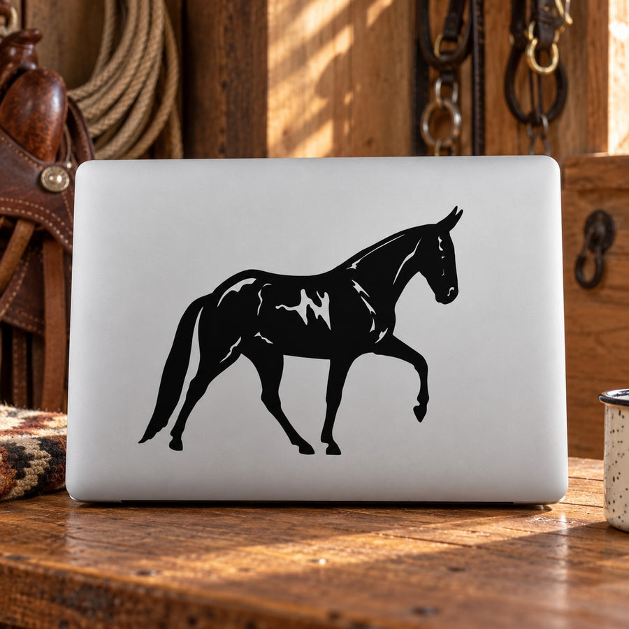 Gaited mule decal with black standing mule silhouette on a white rectangle