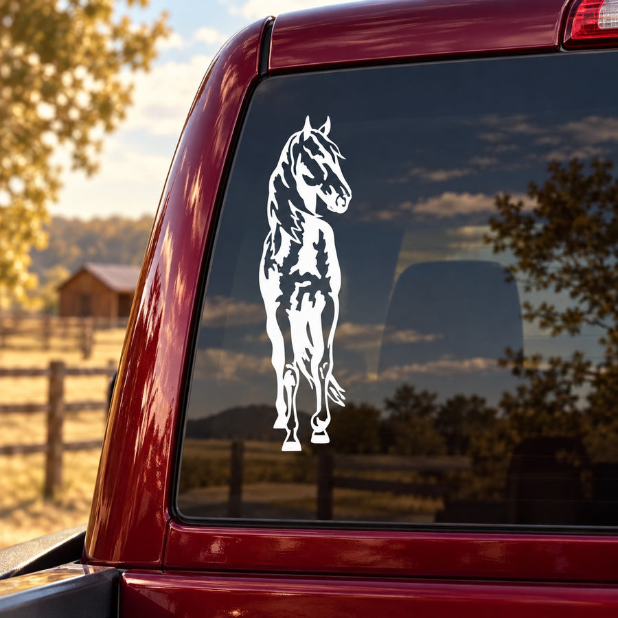 White Arabian horse outline decal on car rear window