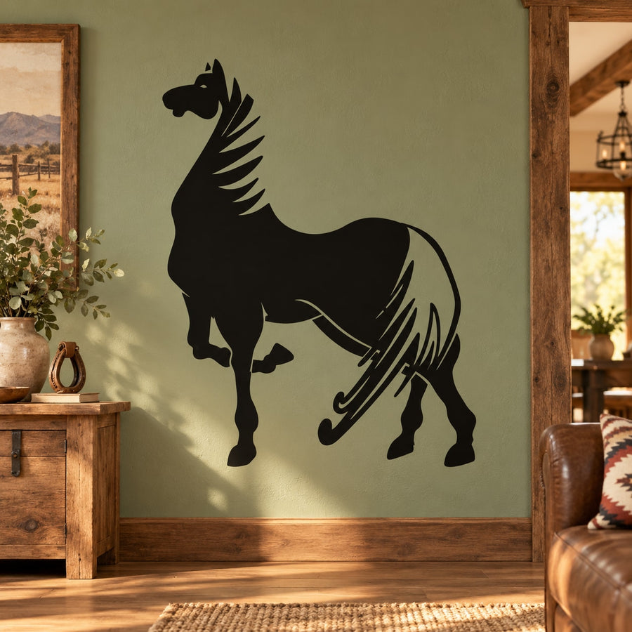 Black show horse silhouette decal with curled tail and mane