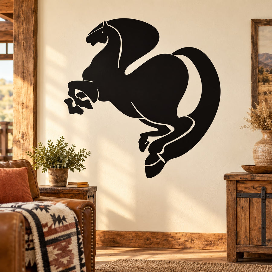 Black horse silhouette wall decal with curled tail and raised front leg