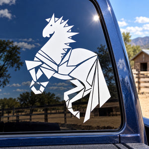 Armored horses decal: white angular armored horse silhouette on car window