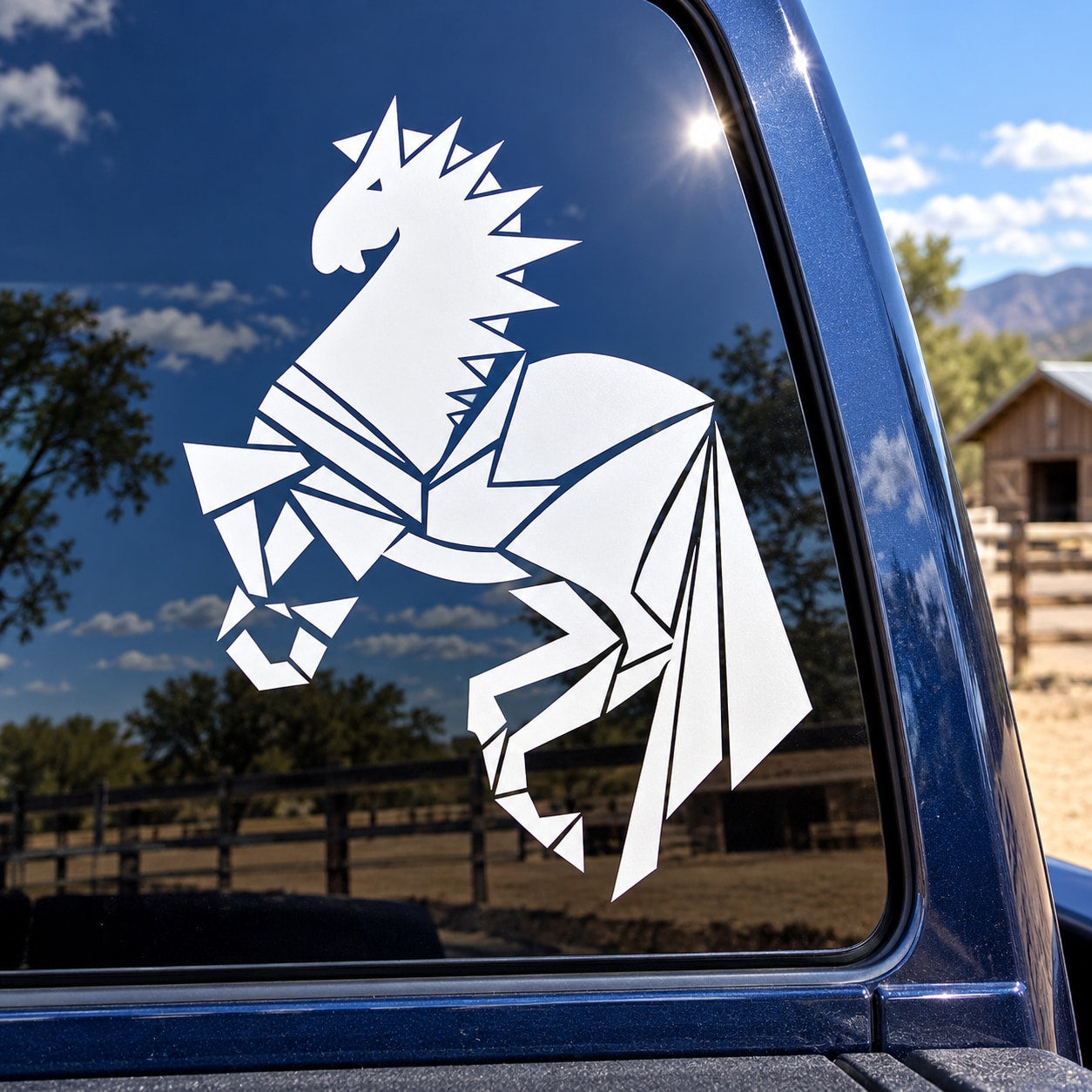 Armored horses decal: white angular armored horse silhouette on car window