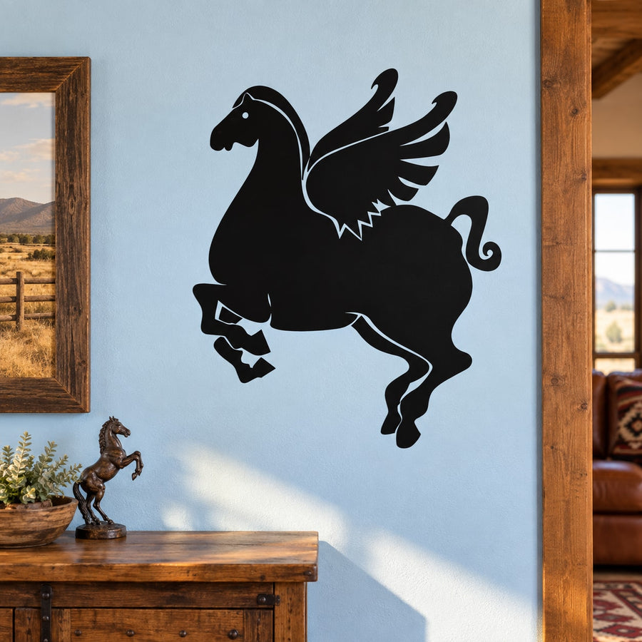 Flying pegasus wall decal with black silhouette and wings spread