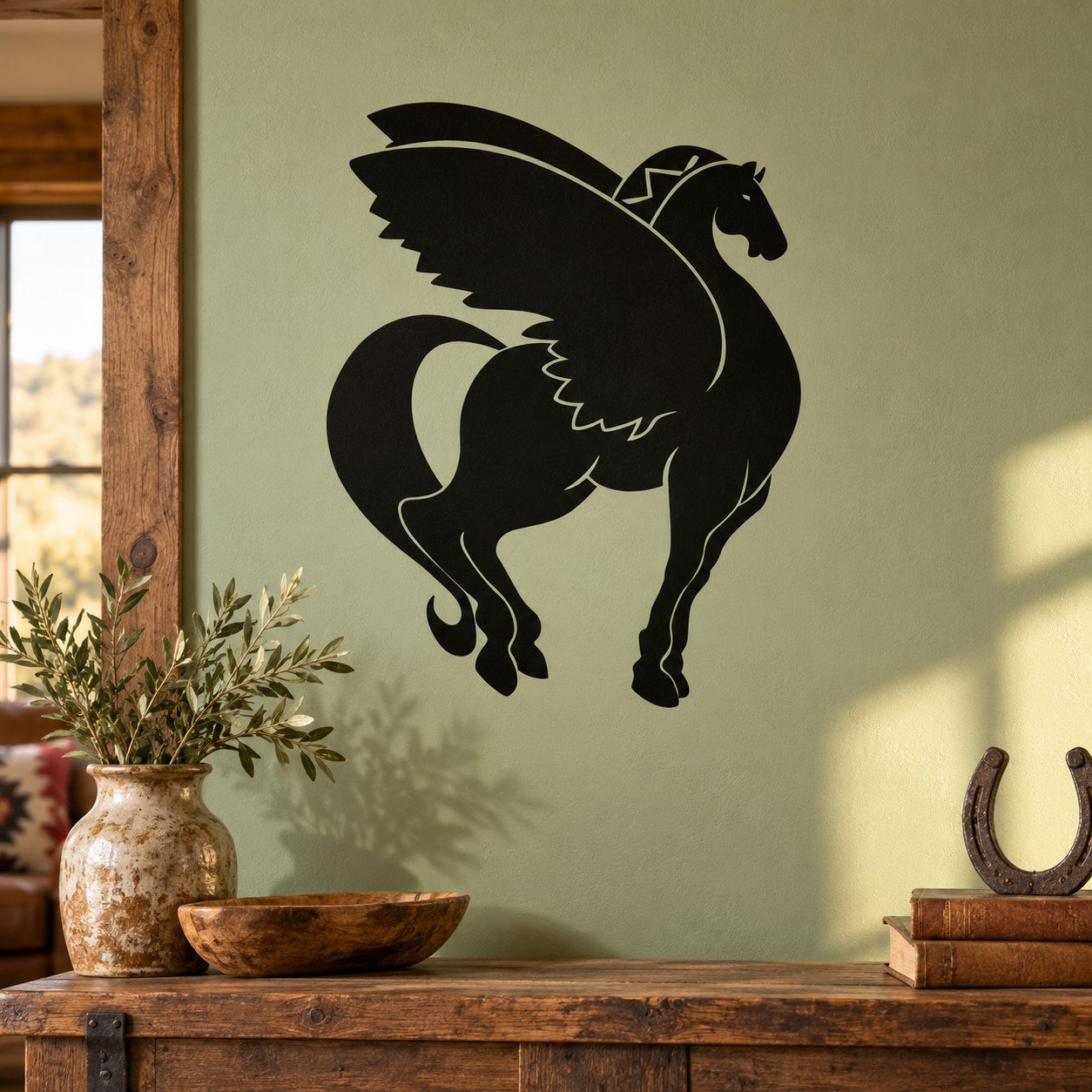 Black pegasus decal of a proud standing winged horse on a wall