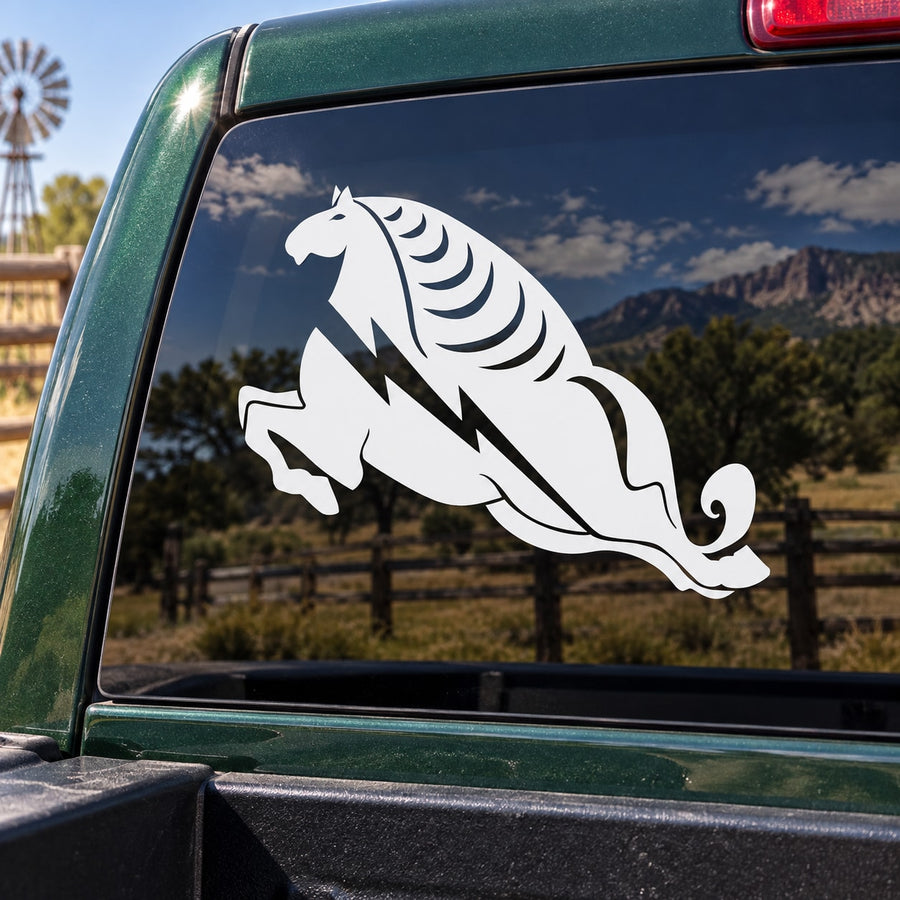 White horse bolt strike decal with stylized motion lines