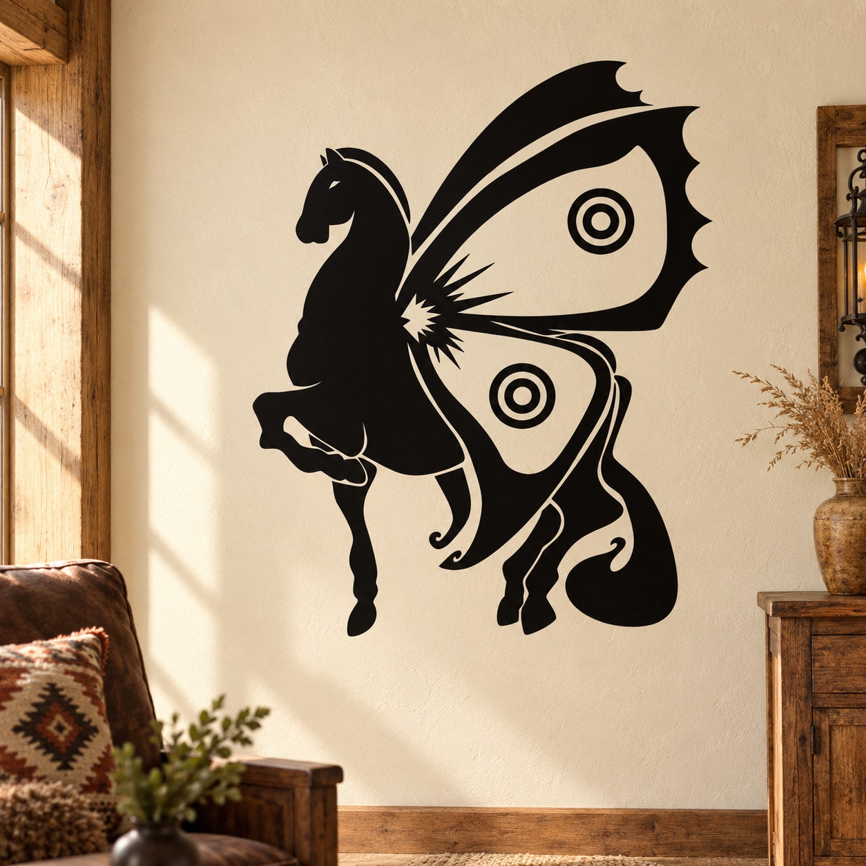 Black horse wall decal with large butterfly wings and ornate eye details