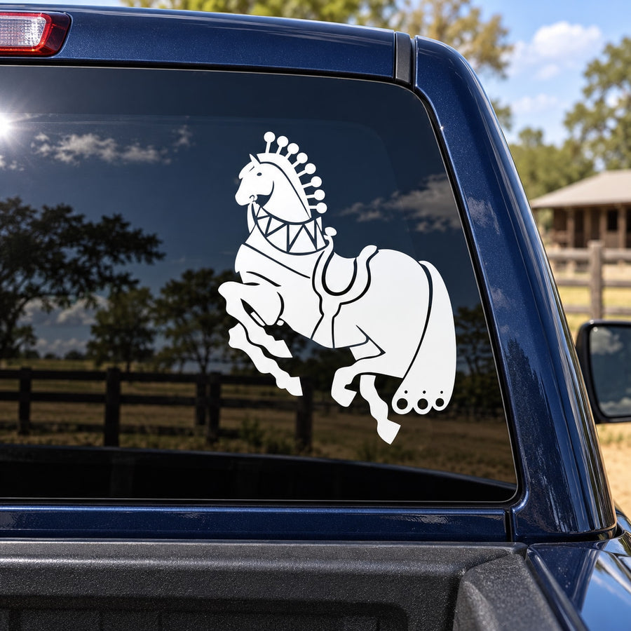White armored Roman horse decal on car window with rope-style mane
