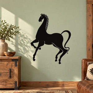Black horse silhouette wall decal with curly mane and flowing tail