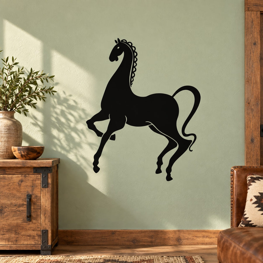 Black horse silhouette wall decal with curly mane and flowing tail