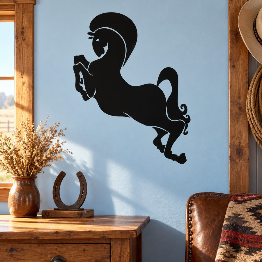 Black horse mid-leap wall decal silhouette, curved reins and raised hooves