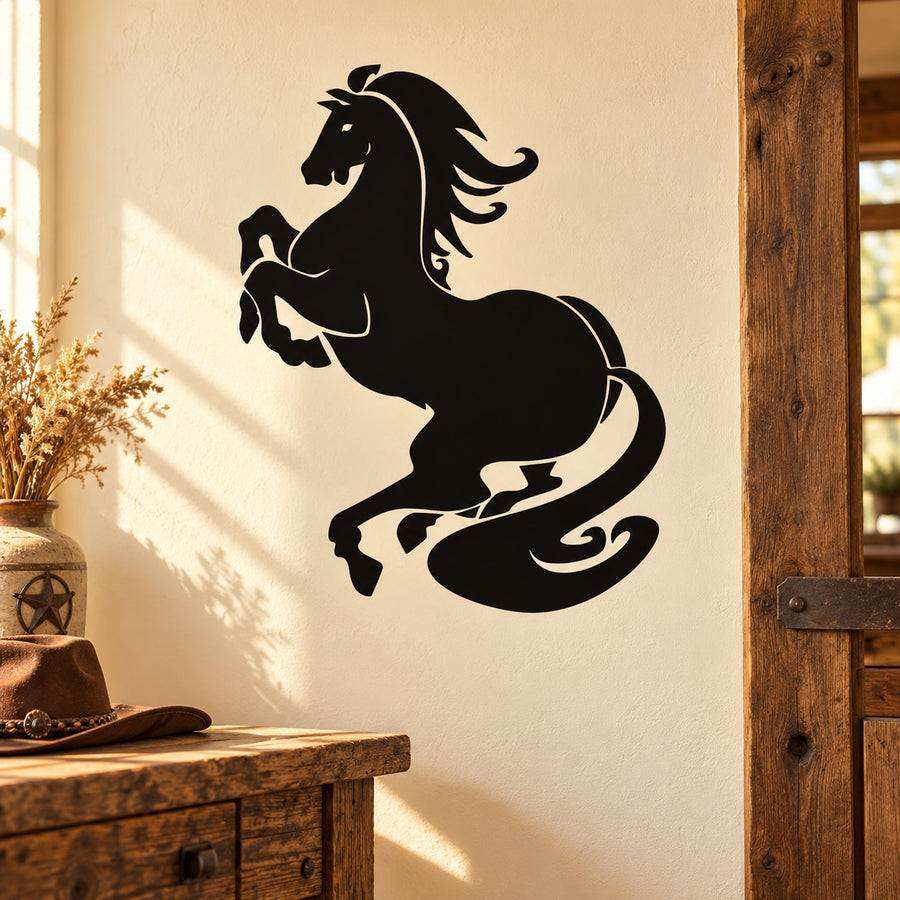 Majestic horse silhouette wall decal with flowing mane, black