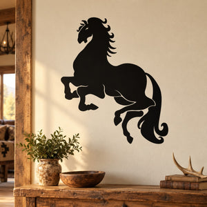 Black galloping horse wall decal with detailed silhouette and flowing mane