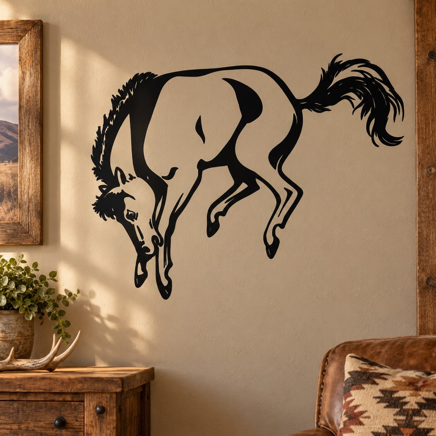 Bucking bronco horse decal, black stylized rearing horse with head down