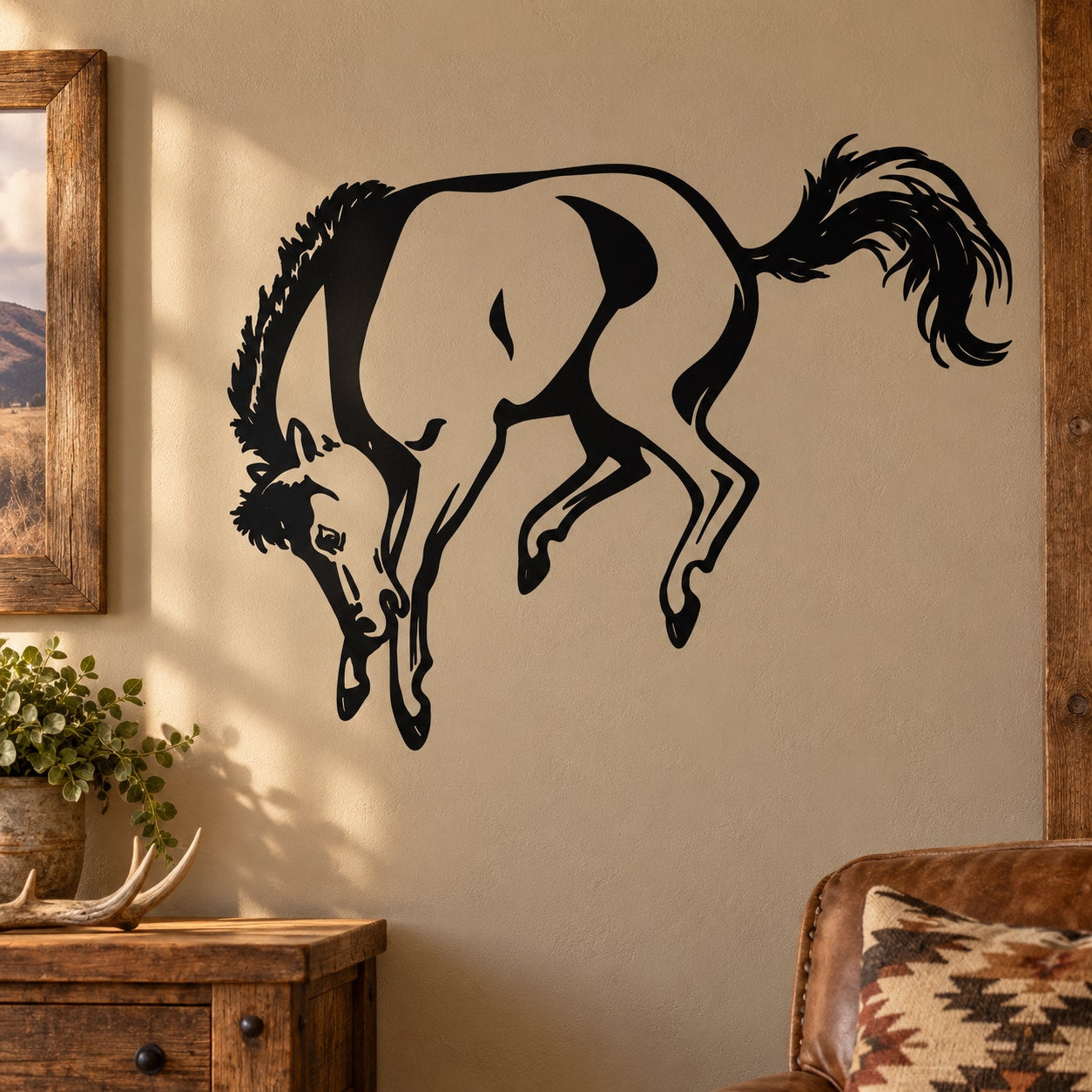 Bucking bronco horse decal, black stylized rearing horse with head down