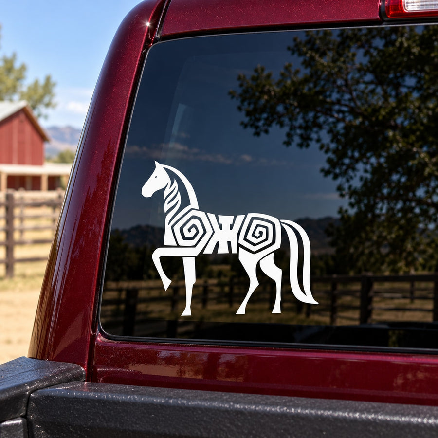Geometric horse body decal in white with black geometric lines on a car window