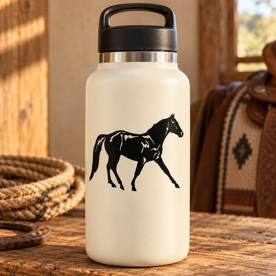 Trot horse decal with black silhouette on white surface