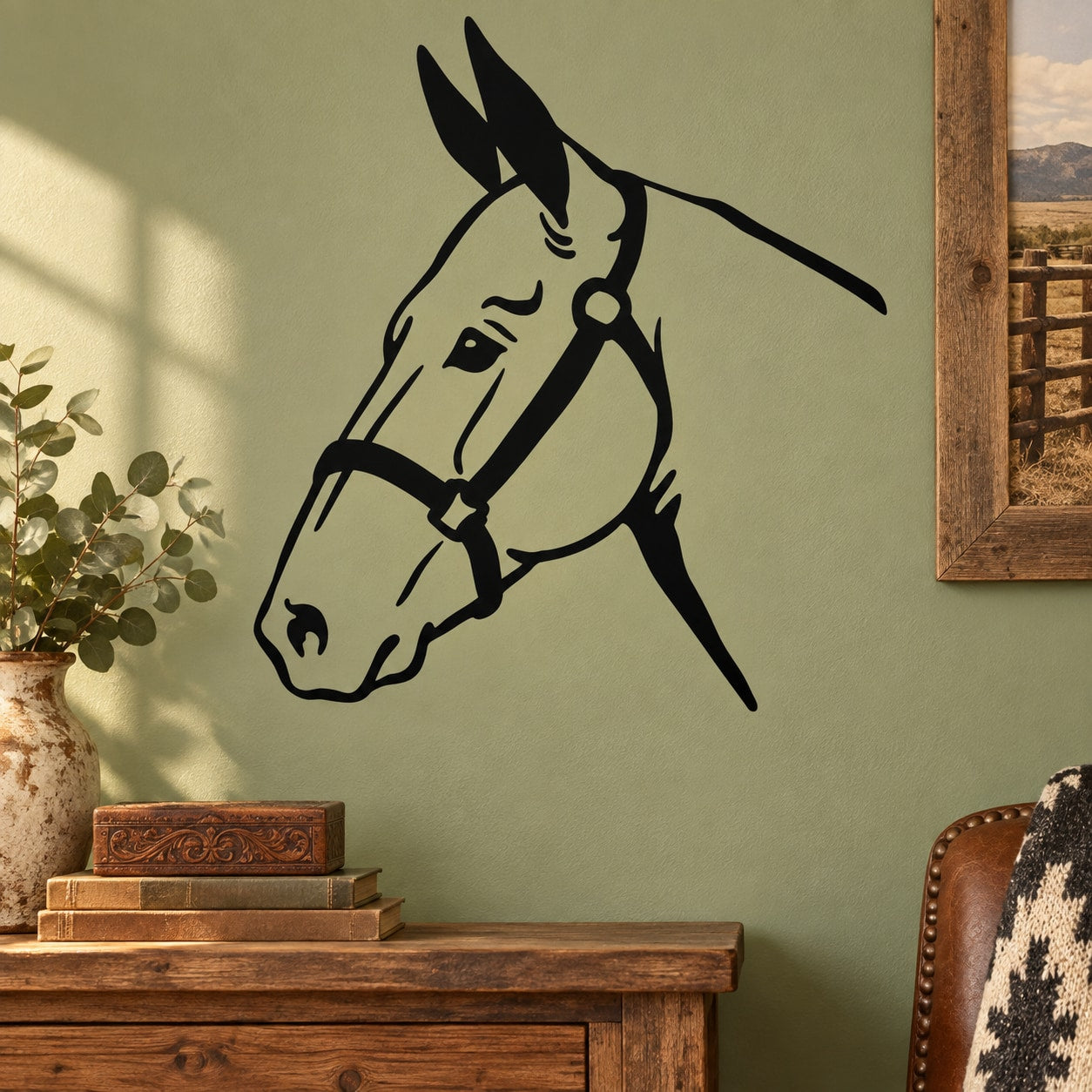 Long-eared horse head wall decal in black line art