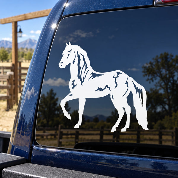 White horse decal with flowing mane and tail on a car window