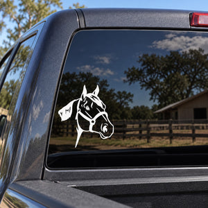 White horse head and rider looking forward vinyl decal on car window
