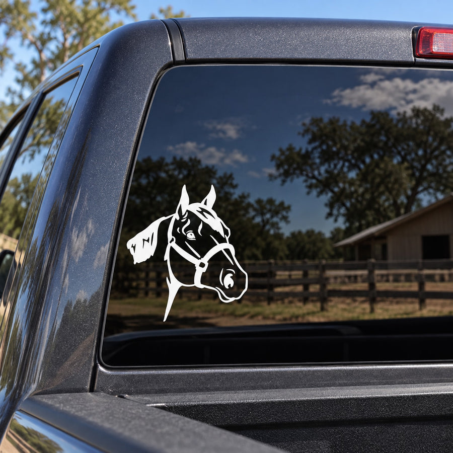 White horse head and rider looking forward vinyl decal on car window