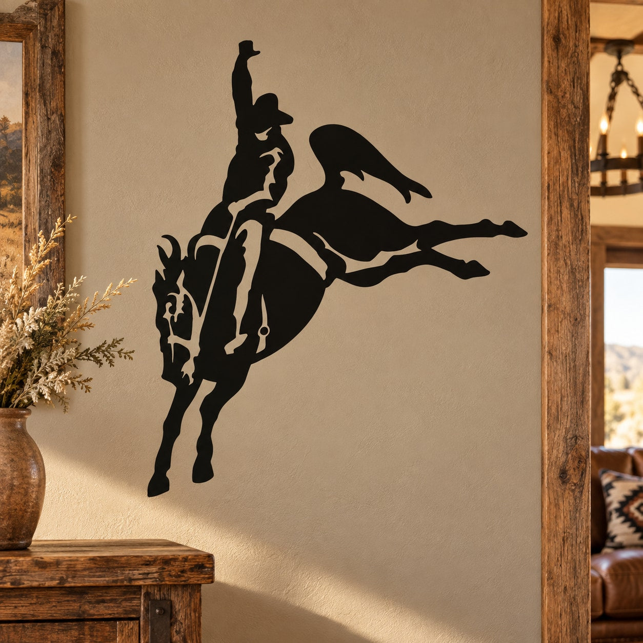 Cowboy riding horse landing wall decal, black silhouette of cowboy and horse