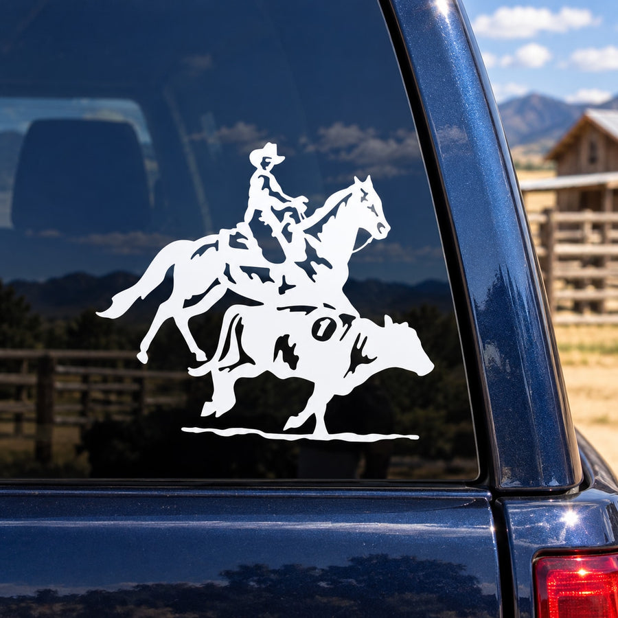 White cowboy on horse calf wrangling graphic decal for car window