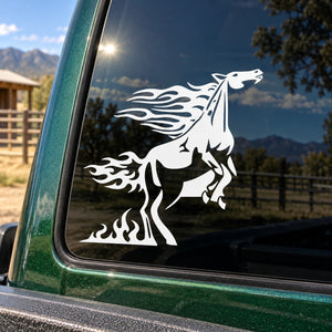 Trotting saddled horse decal with white flame-style mane and saddle silhouette