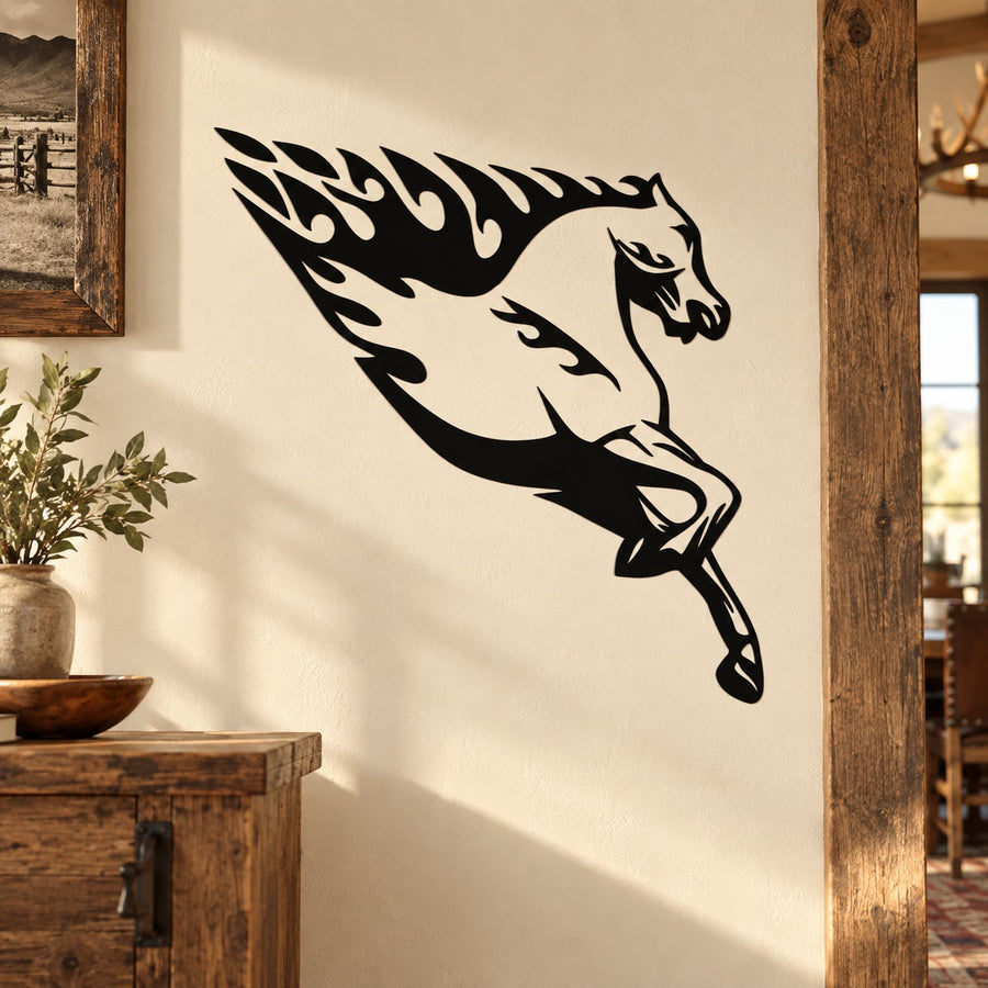 Grazing horse decal with saddle, black vinyl silhouette, wall-ready