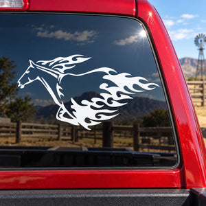 Standing horse drinking decal with white flame-style graphic on a car window