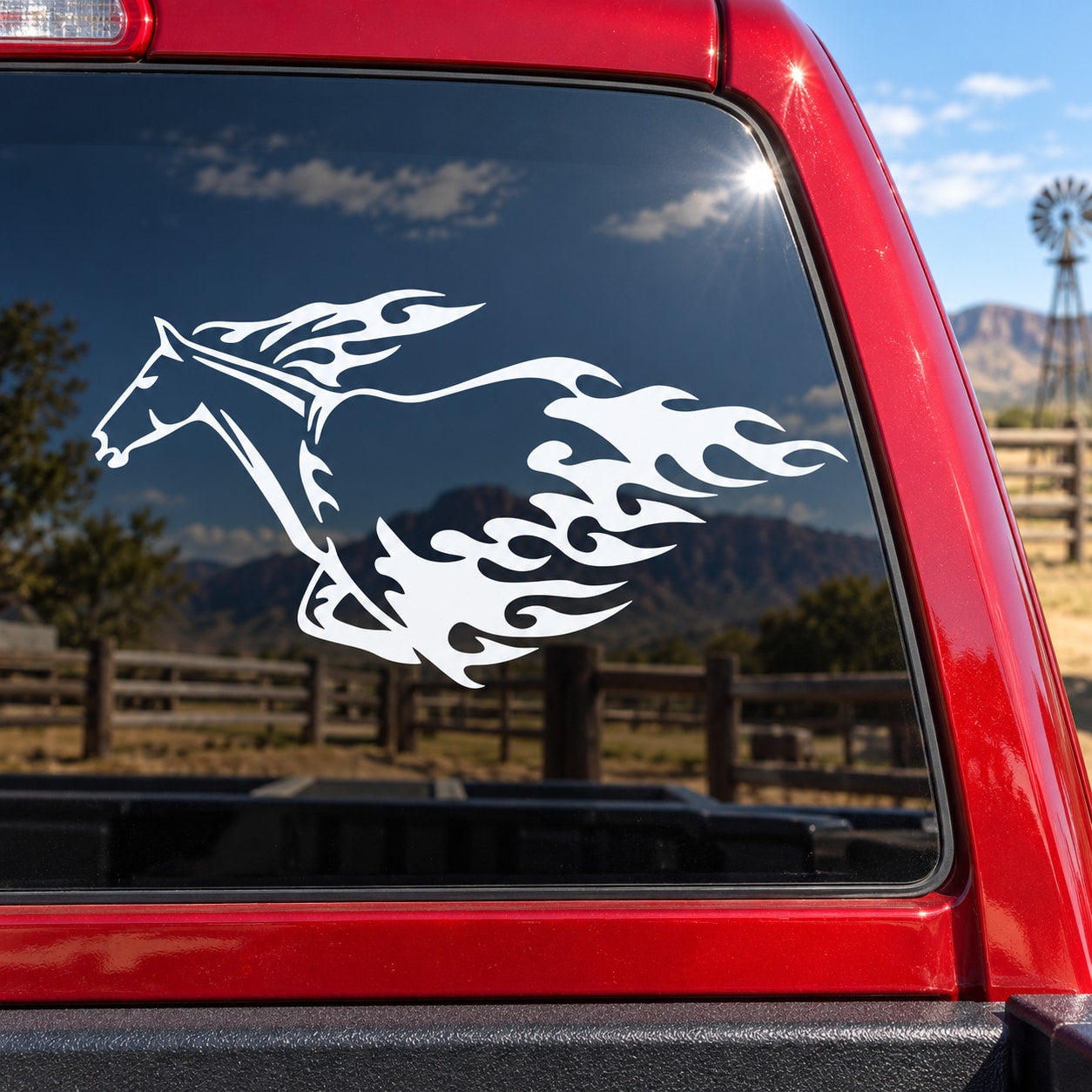Standing horse drinking decal with white flame-style graphic on a car window