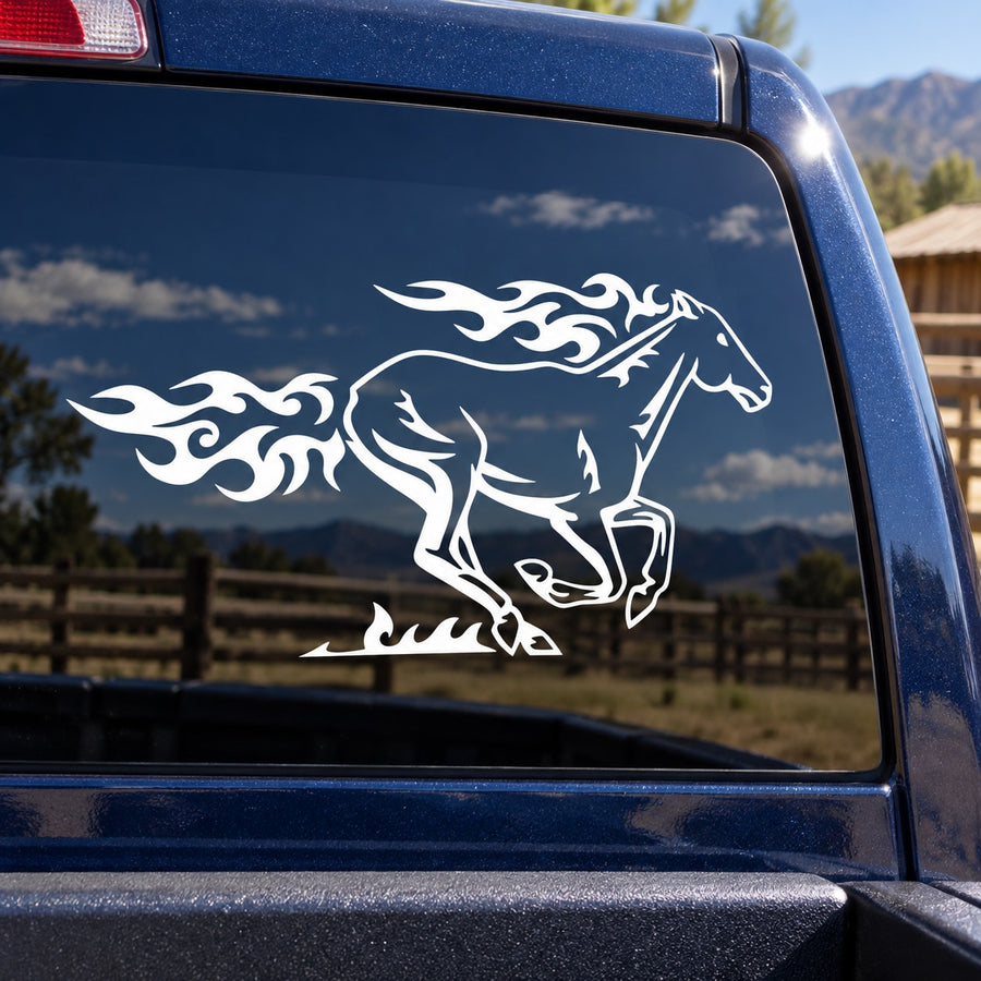 White pulling horse saddle decal with flowing flames on car window