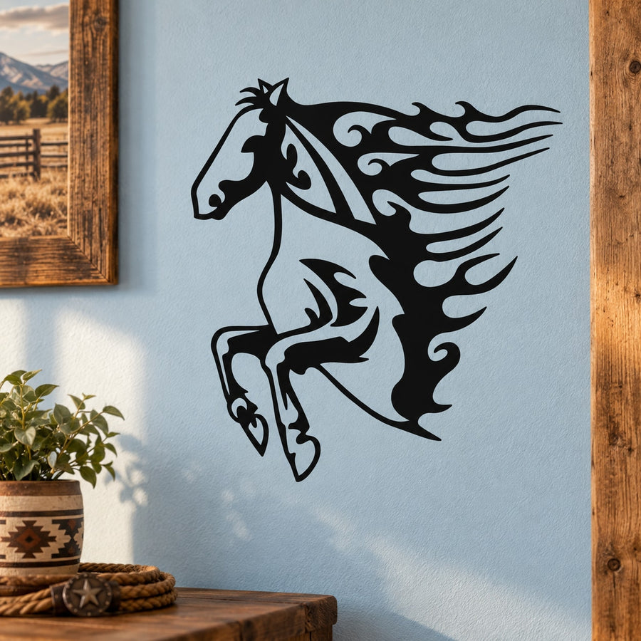 Stylized black horse decal with decorative flame mane and saddled silhouette