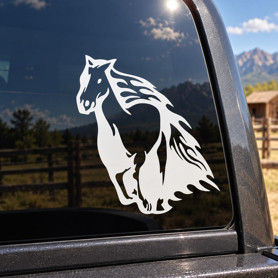 Standing saddled horse decal, white outline silhouette