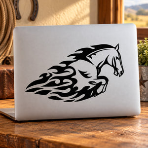 Walking horse decal with long tail and saddle silhouette, black on light background