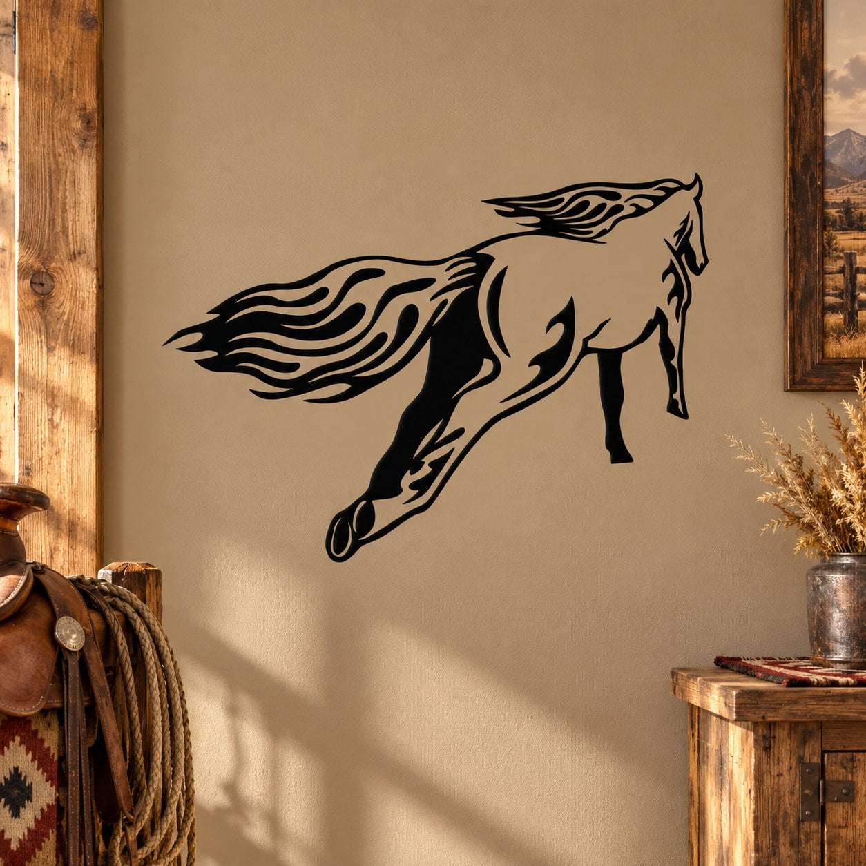 Pacing horse decal with black silhouette and flowing mane