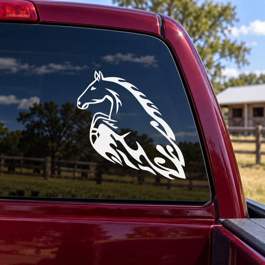 Bucking saddled horse decal, white horse silhouette on dark car window