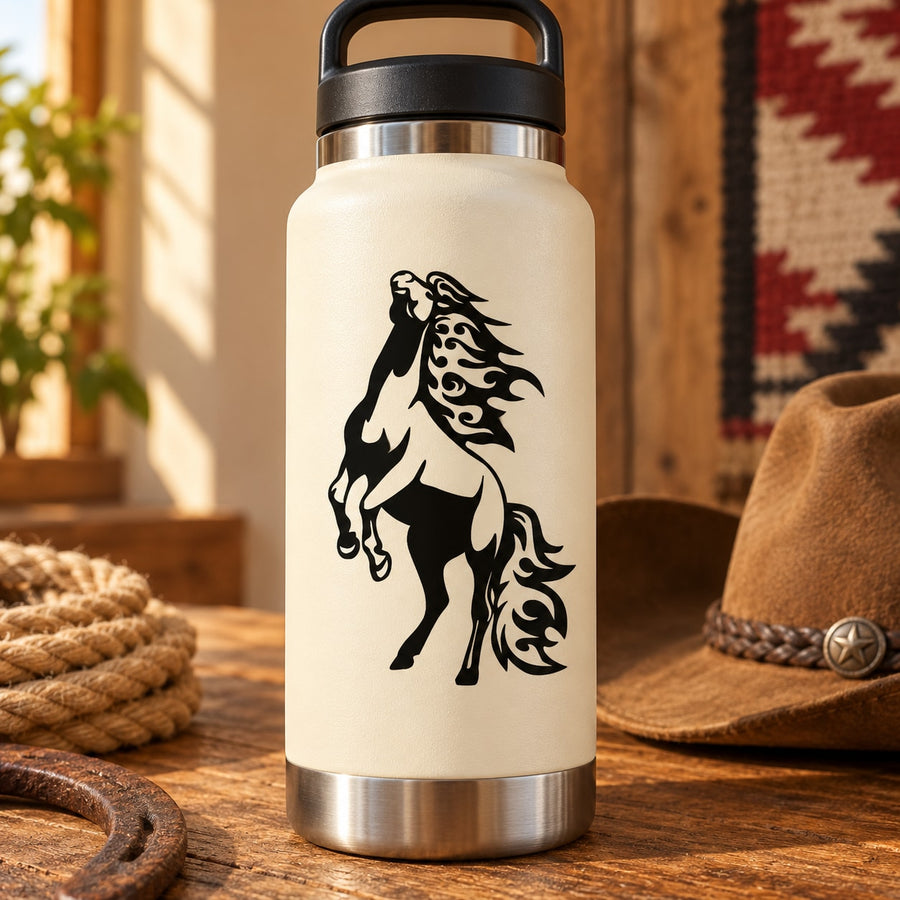 Horse saddle decal sticker with black silhouette on light bottle