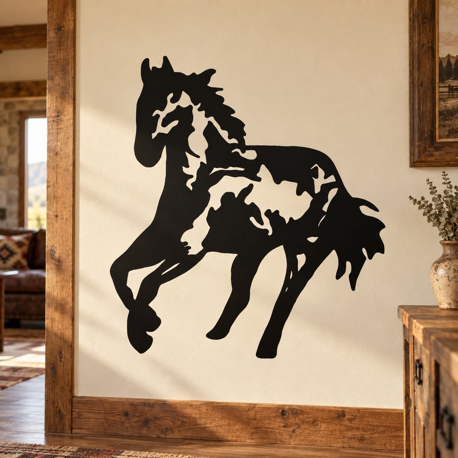 Running stallion wall decal, black horse silhouette with motion lines