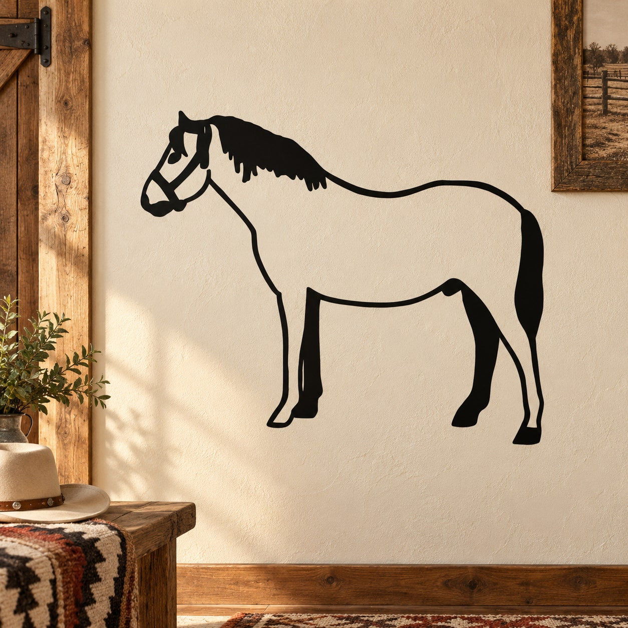 Standing horse wall decal, black outline of a standing horse