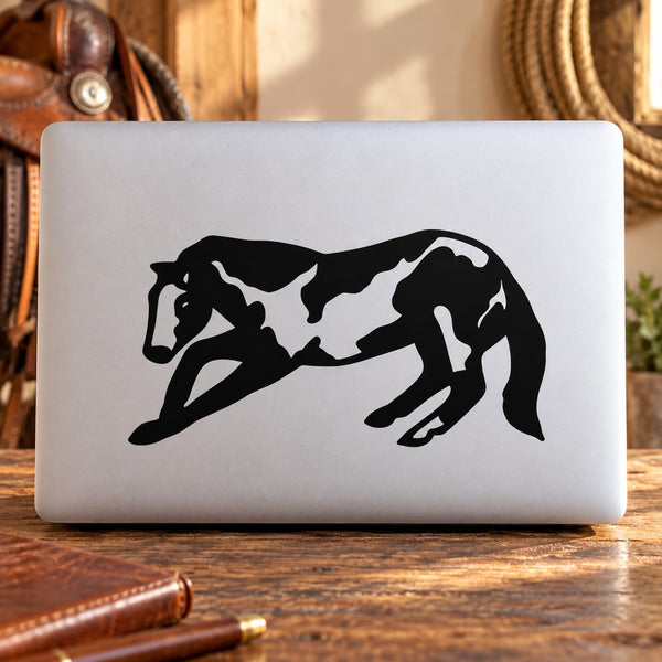Kneeling pinto horse decal with black silhouette, horse posed on all fours