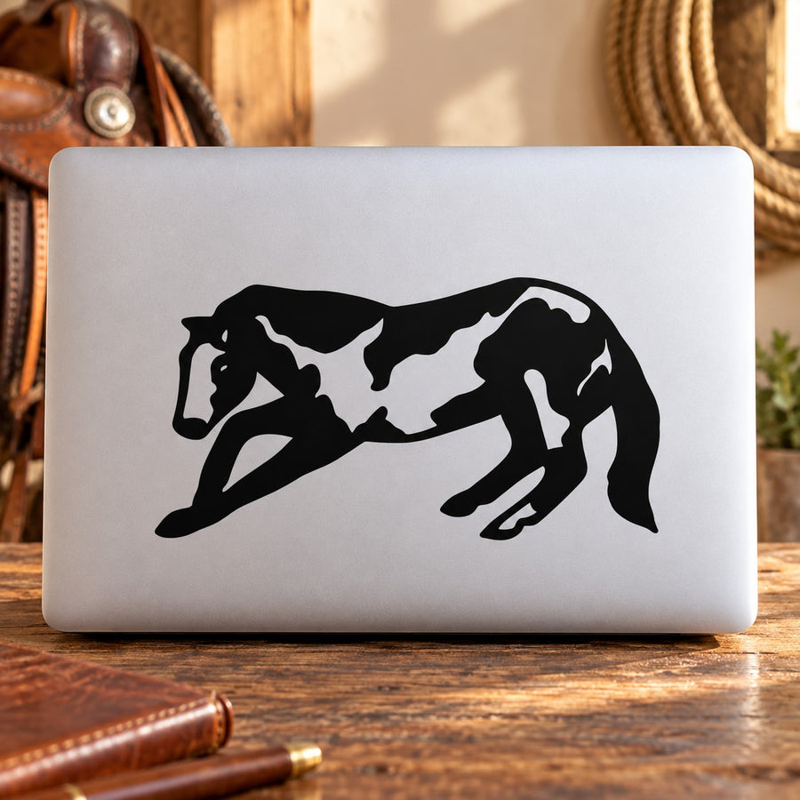 Kneeling pinto horse decal with black silhouette, horse posed on all fours