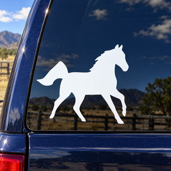 Running horse decal, white silhouette on vehicle window